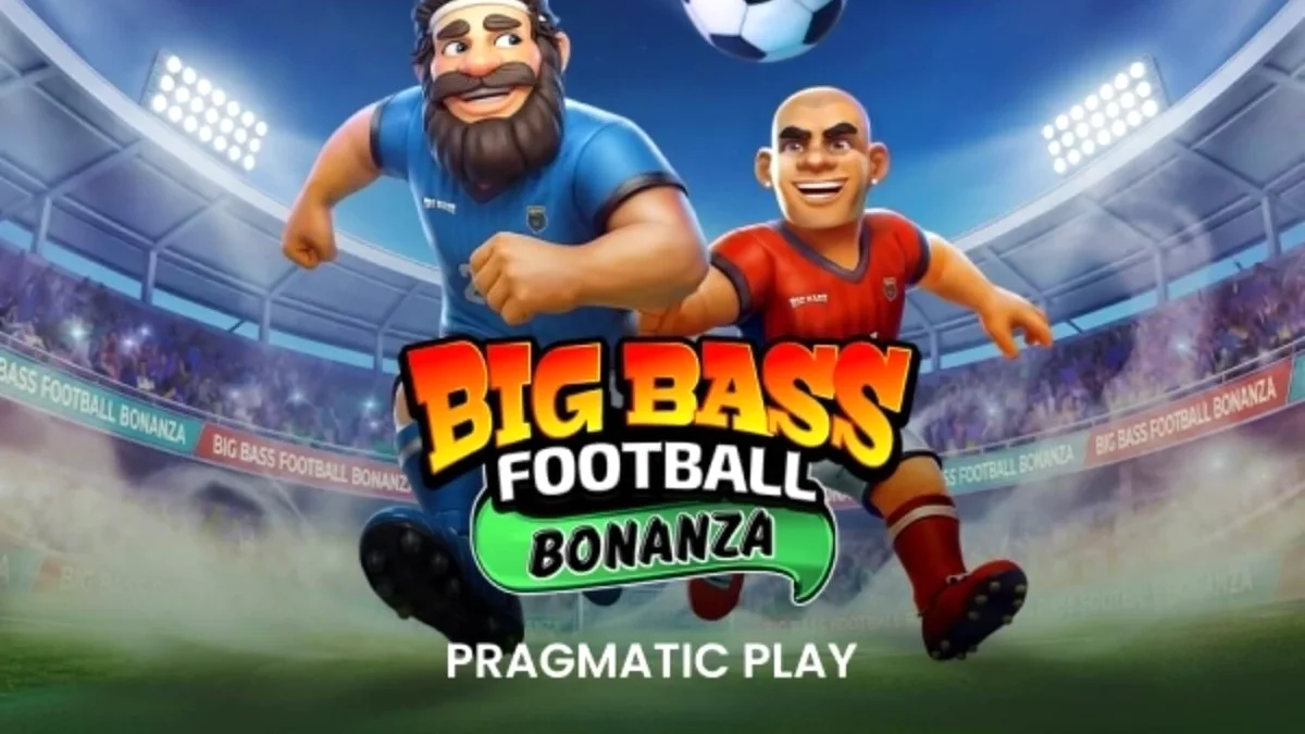 Big Bass Football Bonanza slot game interface na may football at fishing theme