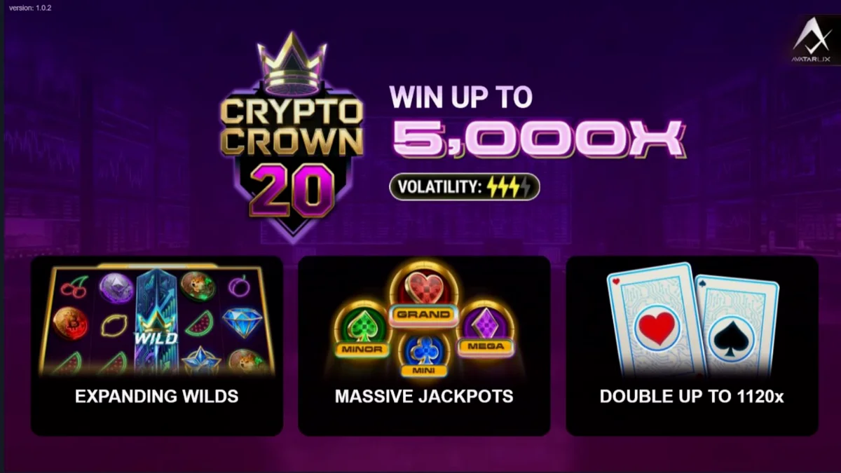 Crypto Crown 20 slot game interface na may mga neon na simbolo ng crypto at prutas.
