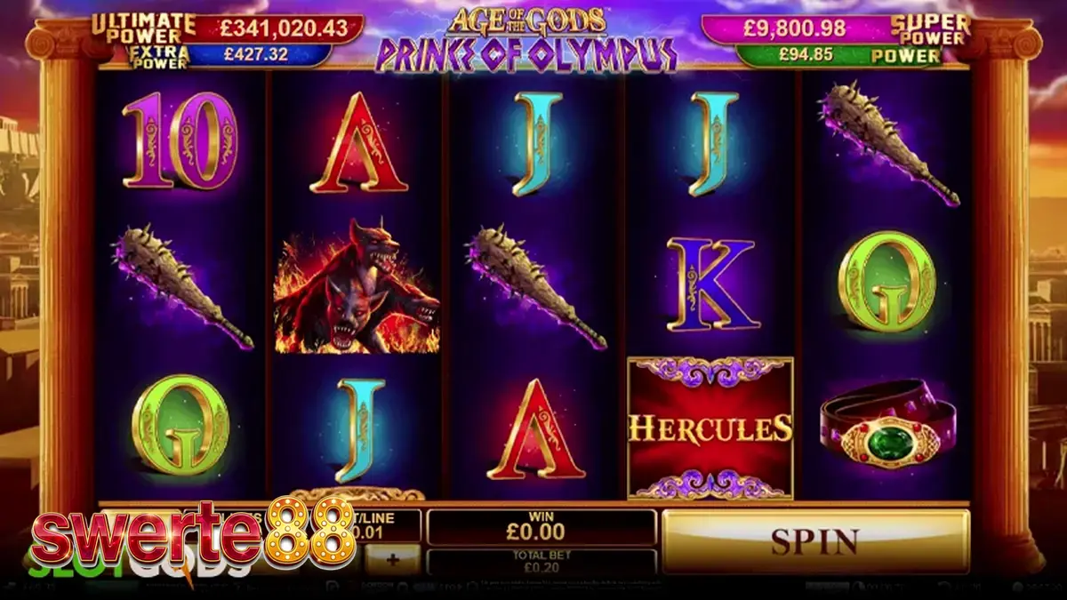 Isang visual na representasyon ng Age of the Gods: Prince of Olympus slot na nagpapakita ng mga mythical symbols at ang interface ng laro.