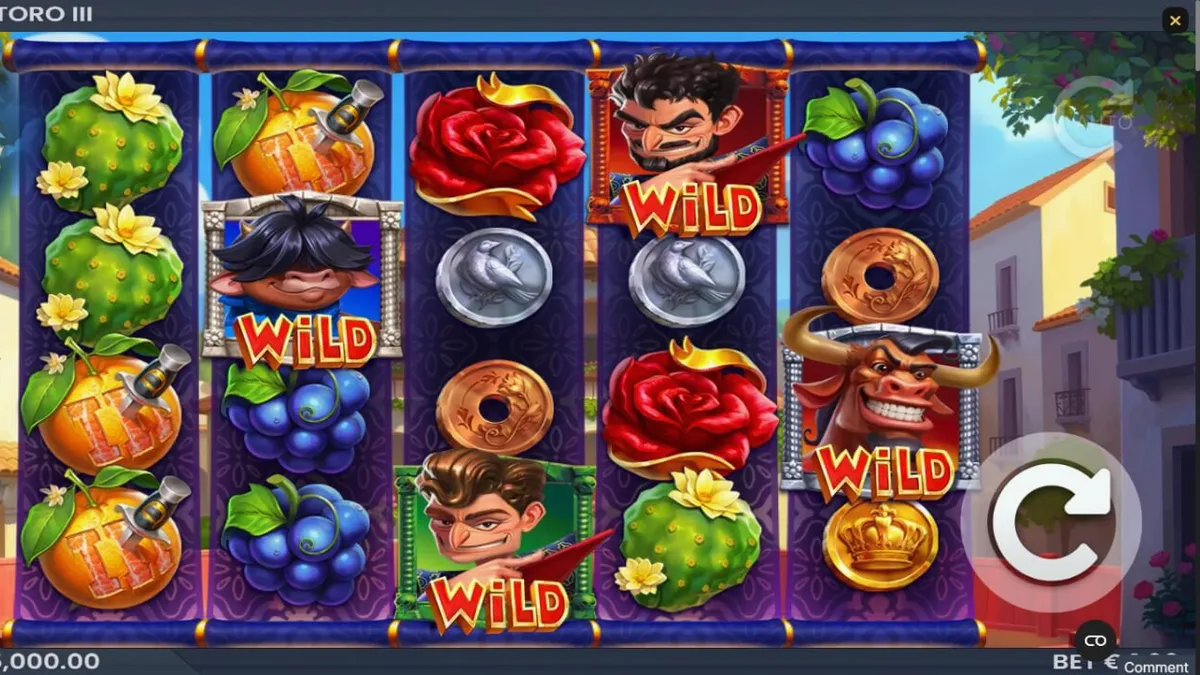 Makulay na disenyo ng Wild Toro 3 slot na nagpapakita ng temang Espanyol at mga karakter ng toro.